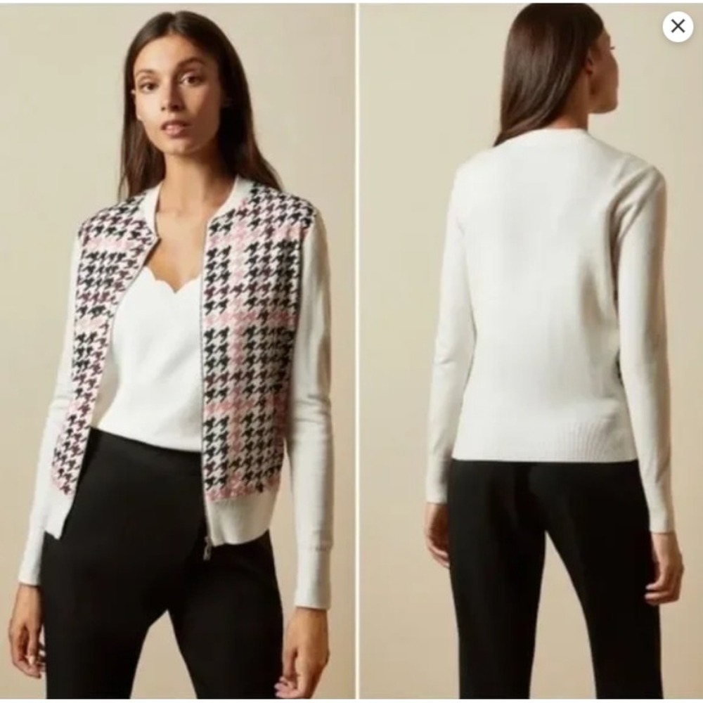Ted Baker London Houndstooth Zip Front Knit Bomber Cardigan US XS (Ted Baker 0)